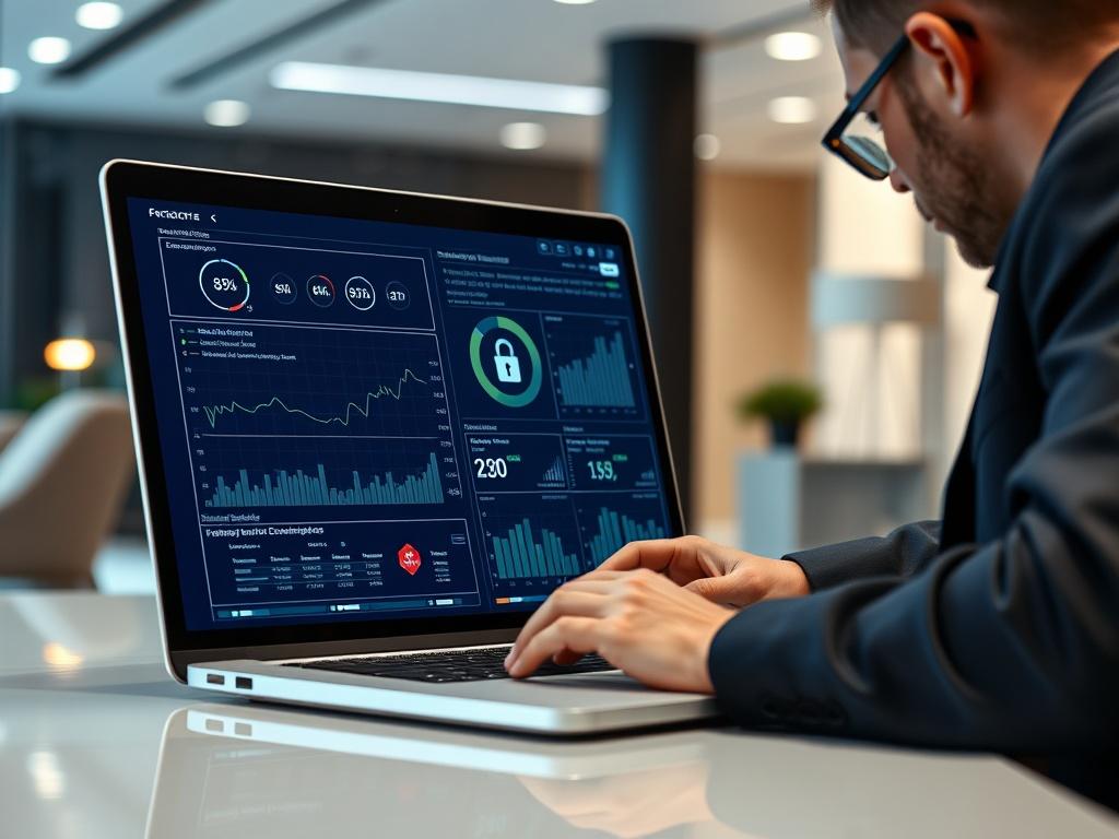 A close-up shot of a cybersecurity expert analyzing data on a laptop, with a focus on the screen displaying security metrics. The background features a sleek modern office environment, emphasizing professionalism. The image should be high-resolution, rendered in hyper-realistic style, and compatible with the primary color rgb(50, 170, 39). The lighting should be bright and inviting, creating a sense of confidence and security.