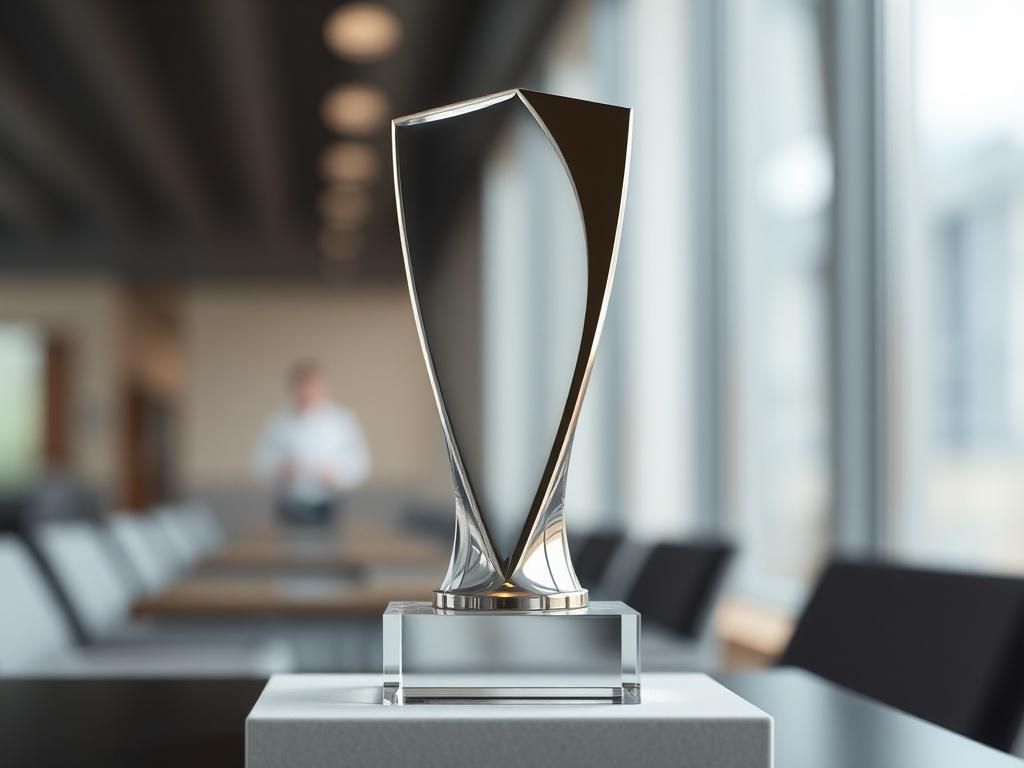 A realistic high-resolution photo showcasing an award for 'Excellence in Micro-Factory Consulting'. The award should be a sleek, modern trophy with a polished finish, reflecting light beautifully. It should be positioned on a simple, elegant display stand against a soft-focus background that suggests a professional environment. The trophy should have a unique design, symbolizing innovation and success in consulting. The color scheme should harmonize with an rgb(50, 170, 39) theme.