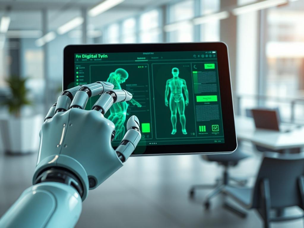 A hyper-realistic close-up shot of a digital twin model displayed on a sleek tablet, with a robotic hand interacting with it. The background is a modern office environment, softly blurred to emphasize the tablet and the digital twin. The colors are vibrant, with a focus on a green theme reflecting innovation and technology.