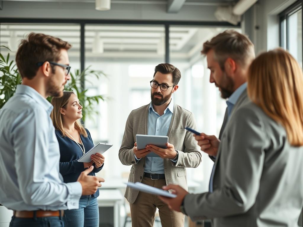 A hyper-realistic photo of a professional consultant engaging with a group of diverse employees in a modern office setting. The consultant is explaining remote work solutions on a digital tablet, while employees are actively participating, taking notes, and discussing ideas. The background features a bright, contemporary office design with large windows letting in natural light and a green indoor plant for a refreshing touch.