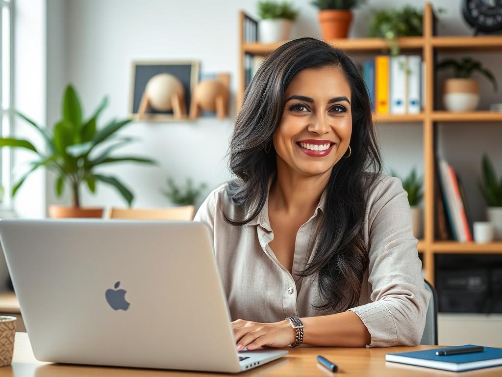 A professional portrait of a woman in her 40s, Aliyah Safar, smiling confidently. She is sitting at a modern desk with a laptop open in front of her, showcasing a vibrant workspace filled with creative elements. The background features a well-organized shelf with books and plants, enhancing the atmosphere of entrepreneurship. The lighting is bright and inviting, highlighting her enthusiasm for turning passion into profit. The color scheme incorporates the primary color rgb(50, 170, 39) subtly in the decor.