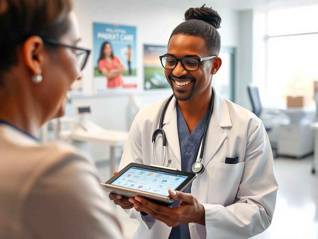 A healthcare professional interacting with a patient in a modern clinic setting. The focus is on the healthcare professional, wearing a lab coat, smiling and discussing a digital tablet displaying patient care information. The background shows a clean, well-lit clinic with medical equipment and posters promoting health and wellness. The image should evoke feelings of trust, innovation, and compassion, capturing the essence of transforming patient care with technology.