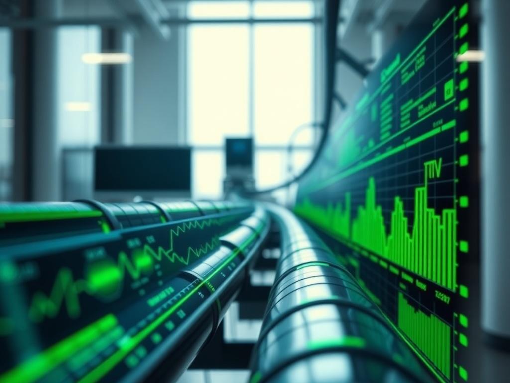 A hyper-realistic close-up shot of a data pipeline system in a modern office environment. The image should capture a sleek digital interface displaying flowing data and analytics, with vibrant green accents reflecting the primary color (rgb(50, 170, 39)). The background should be simple and clean, emphasizing the advanced technology in focus.