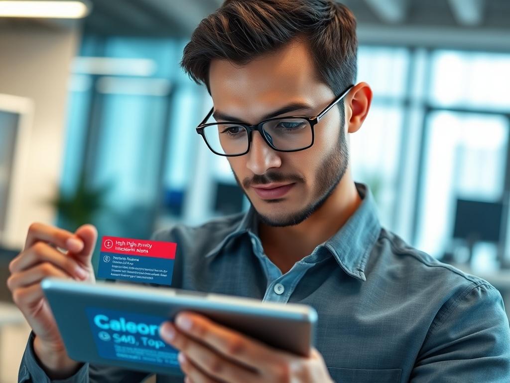 A hyper-realistic close-up shot of a professional IT consultant using a digital app on a tablet, displaying high-priority incident alerts. The background features a clean, modern office environment, emphasizing technology and efficiency. The image should capture the consultant's focused expression, showcasing their commitment to resolving critical issues. The color scheme should incorporate the primary color rgb(50, 170, 39) subtly in the app interface.