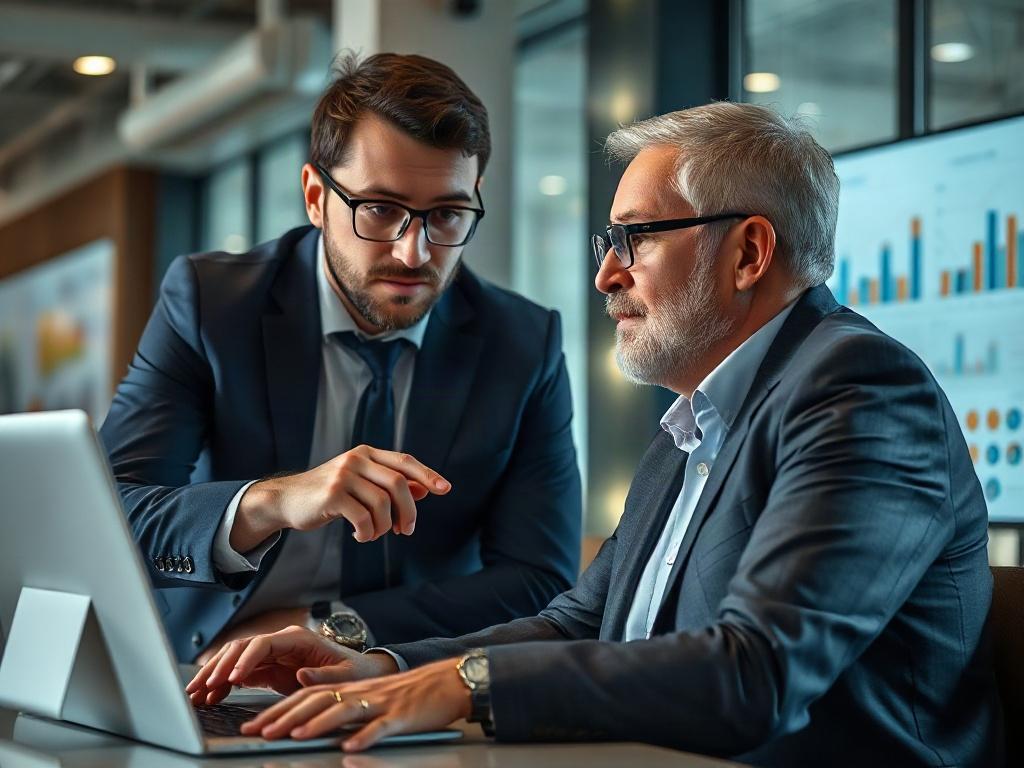 A close-up shot of a business consultant discussing automation strategies with a client. The scene features a modern office setting, with charts and graphs displayed on a laptop screen in the background, emphasizing operations and efficiency. The consultant is pointing towards the screen, showcasing insights, while the client is attentively listening. The image has a hyper-realistic style, shot with a 45mm f/1.2 lens, emphasizing clarity and detail.