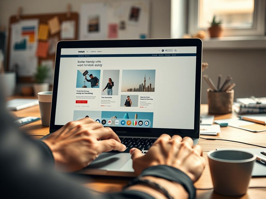 A close-up shot of a designer's hands working on a mobile-first website design on a laptop. The background is a bright, modern workspace with design sketches and color swatches. The lighting is natural and warm, creating an inviting atmosphere. Focus on the intricate details of the laptop screen displaying a mobile-friendly layout.