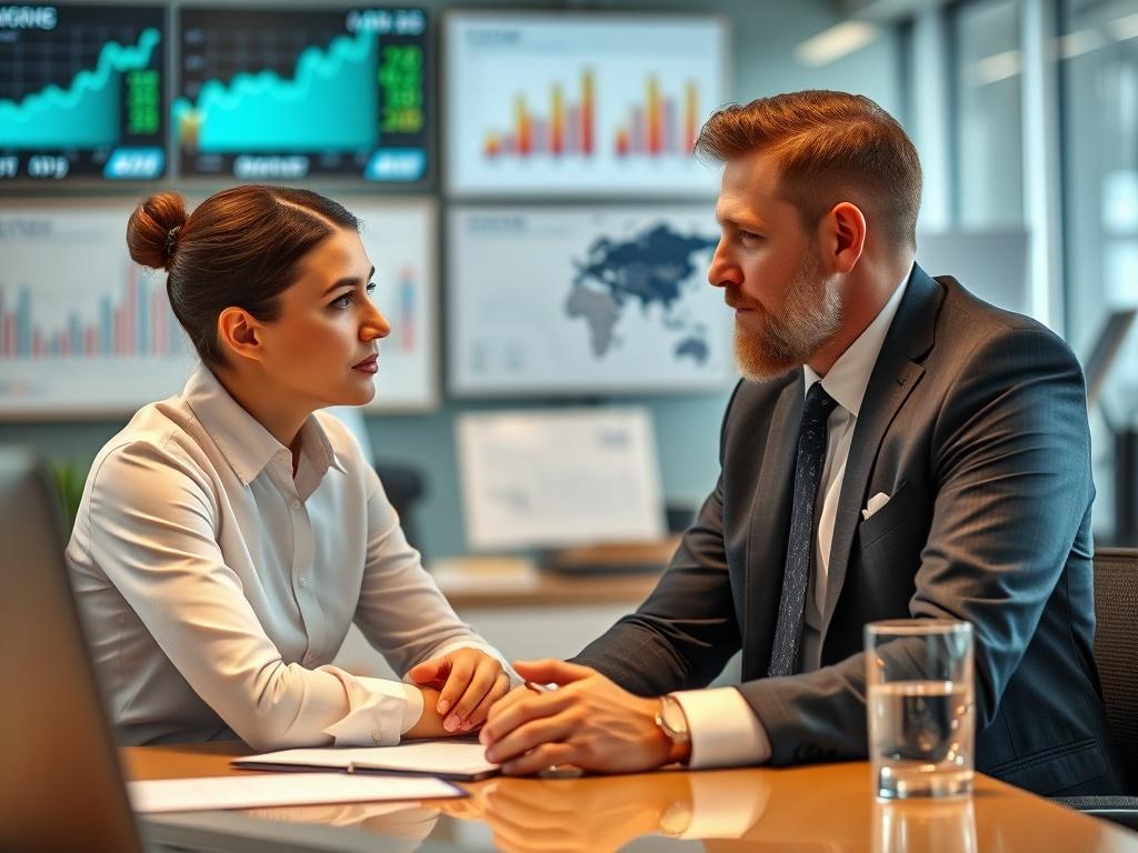 A business consultant sitting at a desk, engaged in conversation with a client, both looking focused and professional. The background shows a modern office environment with charts and digital screens displaying data.