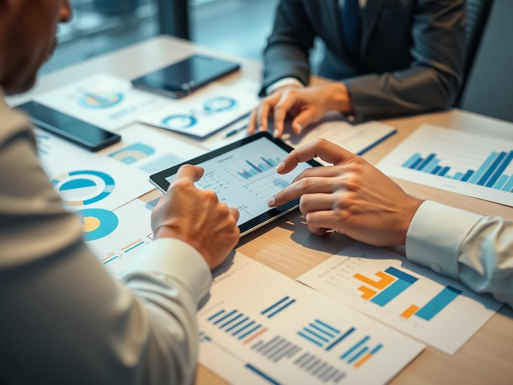 A consultant reviewing data on a digital tablet while surrounded by charts and graphs on a conference table, illustrating a collaborative analysis process.