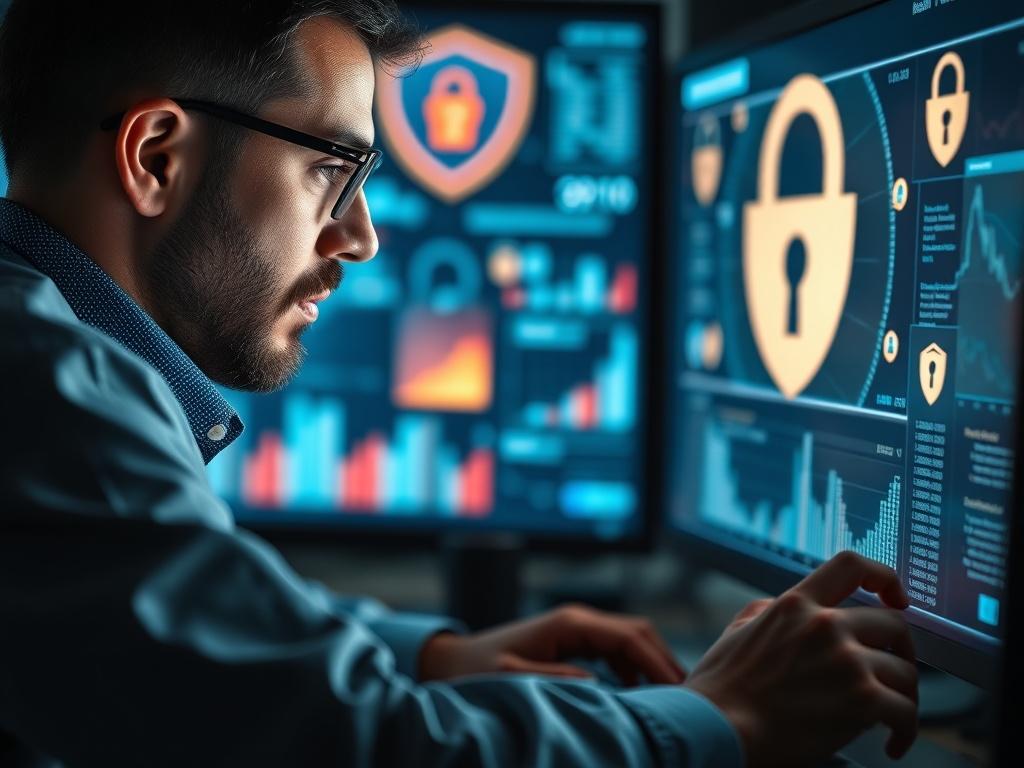 A close-up shot of a cybersecurity expert analyzing data on a computer screen, surrounded by cybersecurity-related graphics and charts. The focus should be on the expert's concentrated expression as they work, with a blurred background of digital security elements like locks and shields. The color scheme should harmonize with rgb(50, 170, 39), emphasizing a high-tech, secure environment.