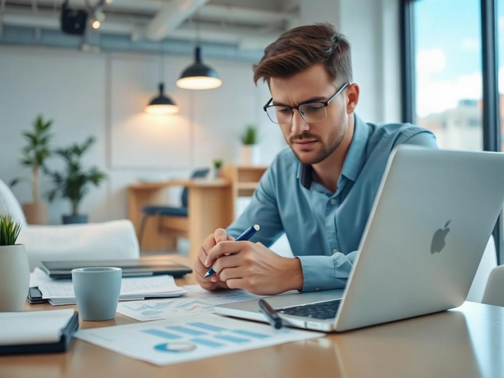A close-up shot of a consultant working at a desk, analyzing charts and data on a laptop. The background features a clean, modern office space with natural light and minimalistic decor. The consultant is focused, taking notes, and surrounded by documents and a coffee cup. The color scheme includes shades of blue, particularly rgb(2, 86, 197), to reflect a professional and efficient atmosphere.