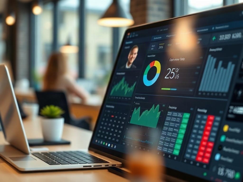 A close-up of a user interface showing personalized customer data and interaction history. The background should include a modern workspace, highlighting the fusion of technology and personal service.