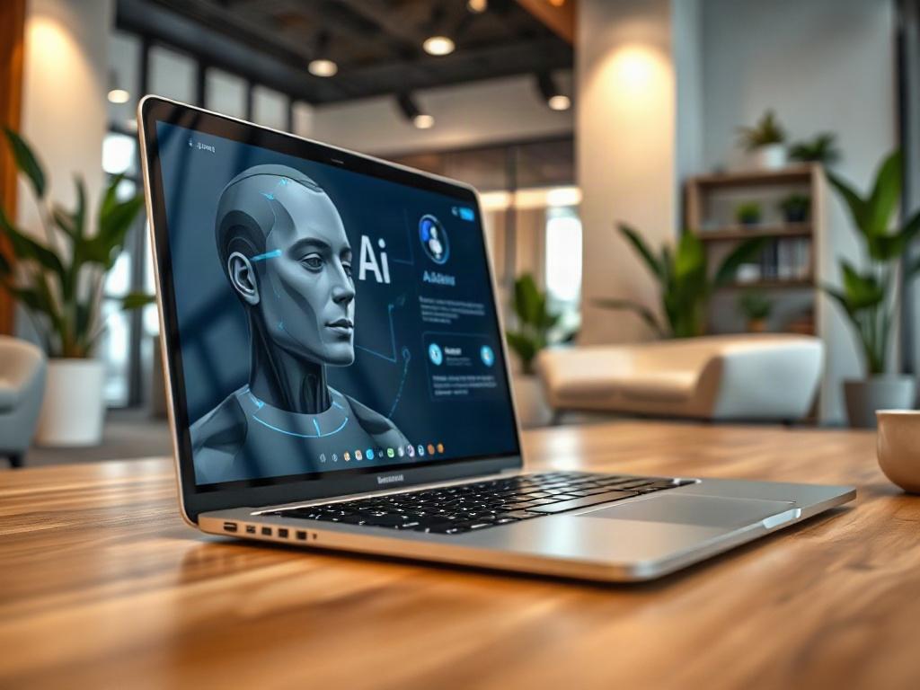 A close-up shot of a modern office environment featuring a sleek laptop with an AI interface displayed on the screen. The background should show a welcoming reception area with plants and a soft color palette, emphasizing a professional yet friendly atmosphere.