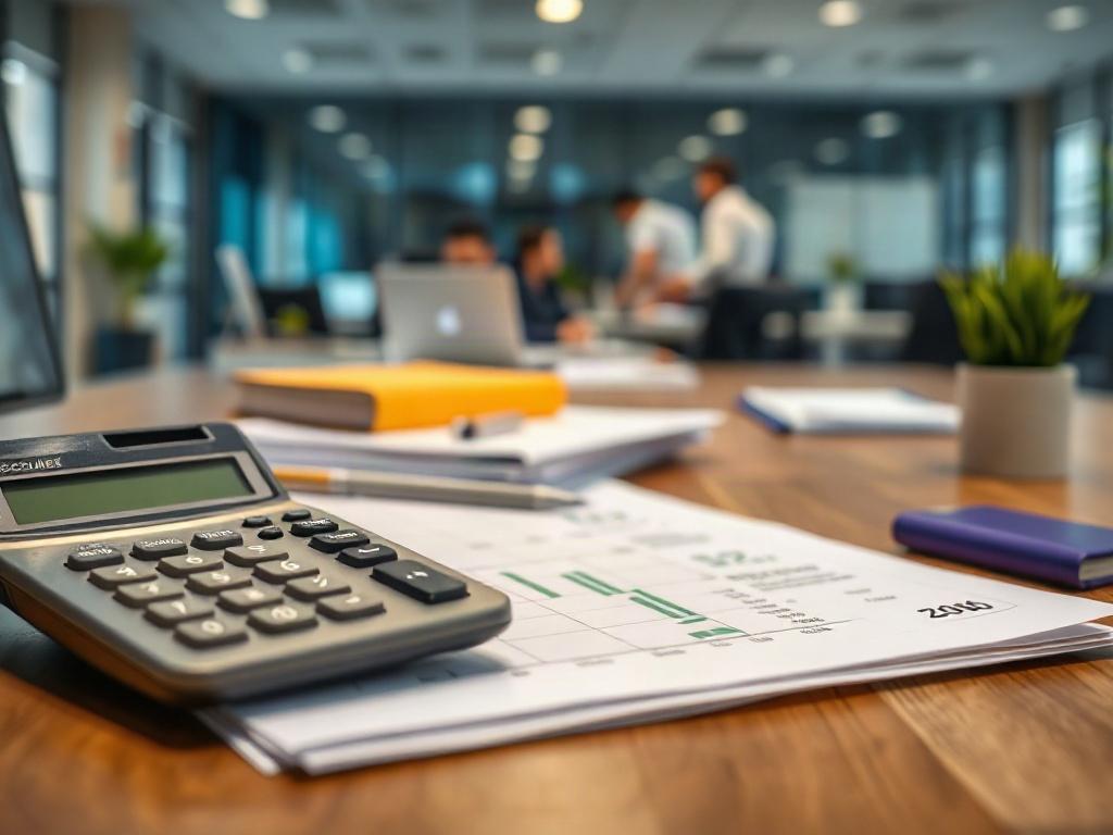A hyper-realistic image of a calculator and financial documents on a desk, symbolizing cost savings. The background should feature an office setting with a soft focus on a busy team, illustrating the efficiency gained through automation.