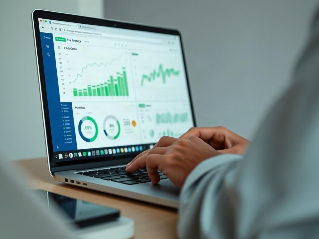 A close-up shot of a professional working on a laptop with SEO analytics displayed on the screen, showcasing charts and graphs. The background is simple and uncluttered, emphasizing the focus on digital marketing. The color palette should incorporate shades of green, particularly rgb(50, 170, 39), creating a fresh and professional atmosphere.