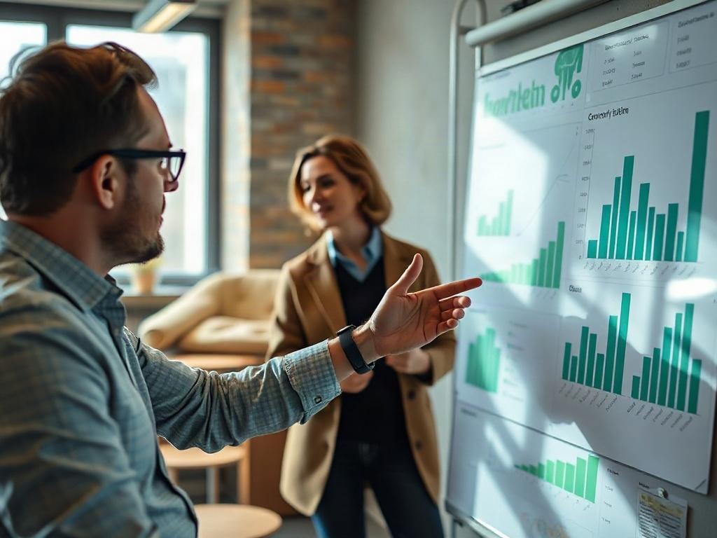 A close-up shot of a marketing strategist presenting a growth plan with visual aids like charts and graphs on a whiteboard. The atmosphere is dynamic and collaborative, emphasizing innovation and strategy. The color palette should feature shades of green, particularly rgb(50, 170, 39), to symbolize growth and success.