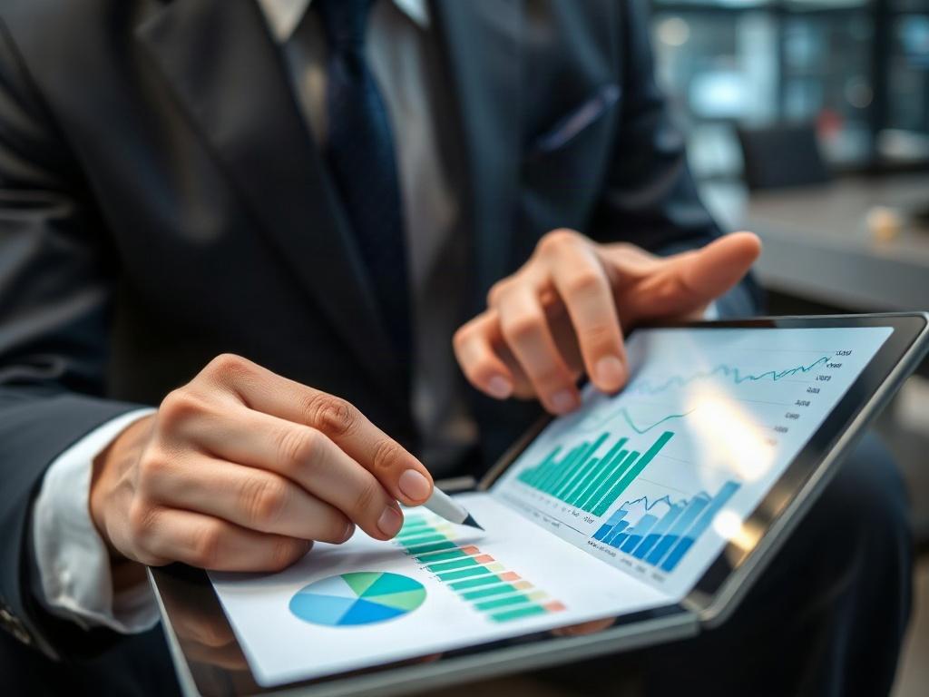 A close-up shot of a digital marketing expert analyzing reports on a tablet, with graphs showing increasing website traffic. The setting is modern and professional, with a focus on data-driven strategies. The primary color scheme should include shades of green, particularly rgb(50, 170, 39), to convey growth and success.