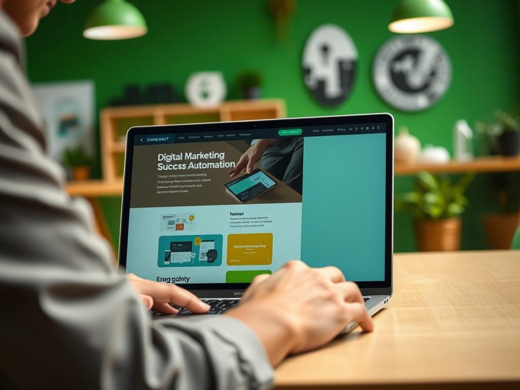 A hyper-realistic close-up shot of a professional working on a laptop with a vibrant, modern workspace in the background. The focus is on the screen displaying a website design in progress, showcasing elements of digital marketing and automation tools. The workspace should be well-lit, featuring green accents to align with the brand color rgb(50, 170, 39). Use a 45mm f/1.2 lens style for depth of field.