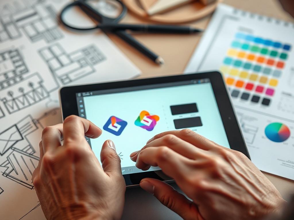 A close-up shot of a designer working on a logo concept on a digital tablet. The background features sketches and color palettes, showcasing the creative process. The focus is on the designer's hands and the vibrant logo design in progress.
