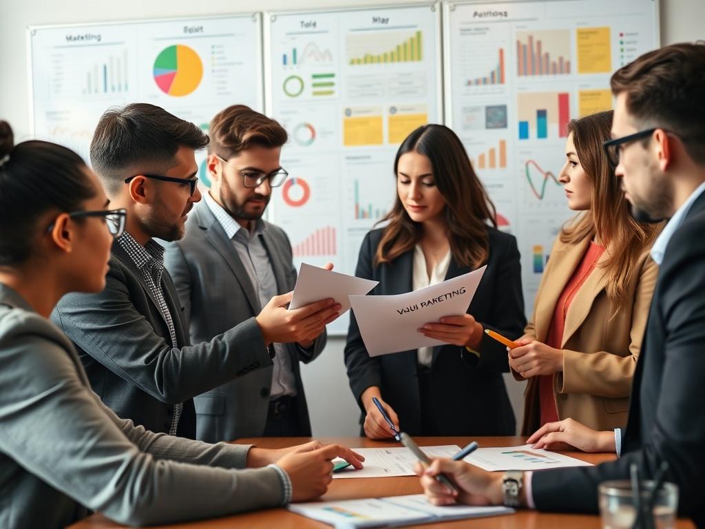 A close-up shot of a marketing strategy meeting, featuring a diverse group of professionals brainstorming over digital marketing materials. The background shows a whiteboard filled with colorful charts and strategies. The focus is on the engaging discussions among team members.