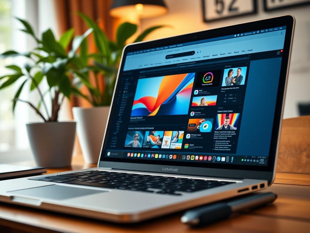 A close-up shot of a modern web interface on a laptop screen, showcasing a vibrant website design in progress. The background is a stylish desk with a potted plant, creating a warm and inviting atmosphere. The focus is on the screen, highlighting the various design elements and tools being used.