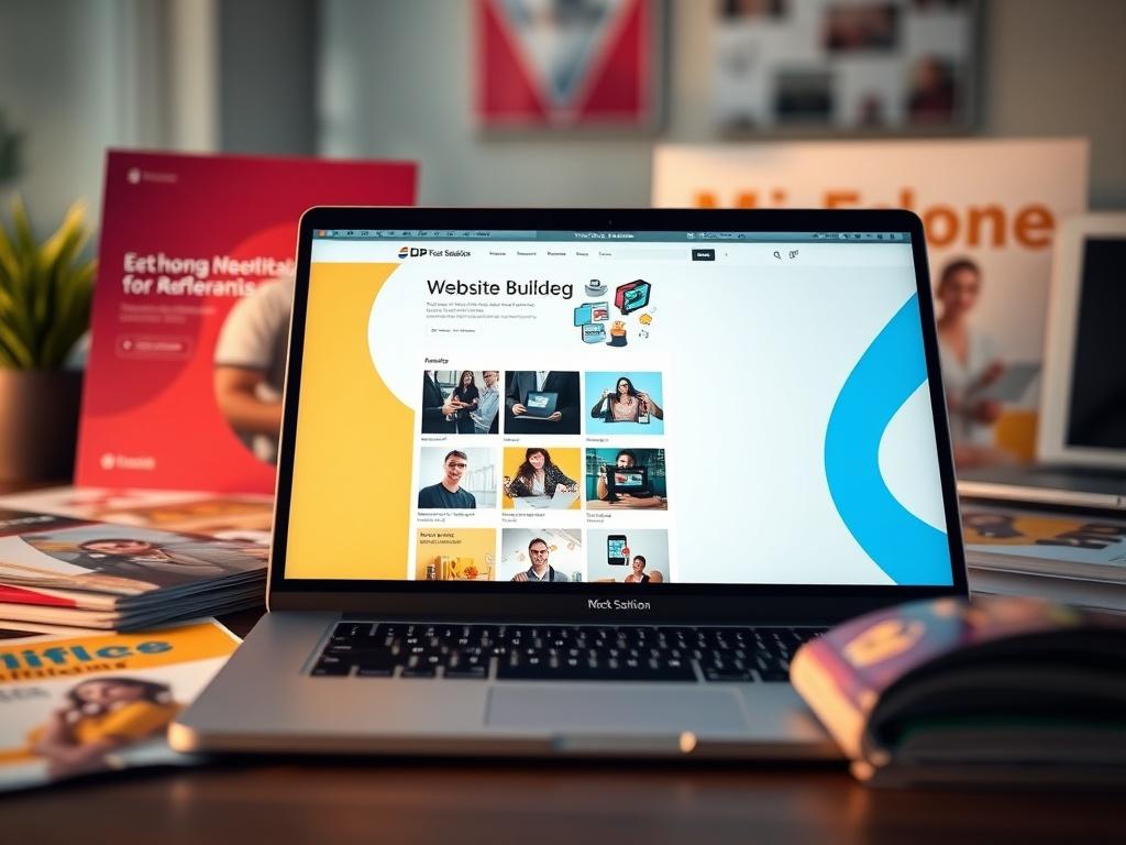A close-up shot of a sleek laptop displaying a modern website builder interface, surrounded by colorful marketing materials, under soft lighting to give a professional yet inviting atmosphere. The background should be blurred to focus on the laptop, showcasing the vibrant RGB color palette that complements the DP Tech Solutions branding.