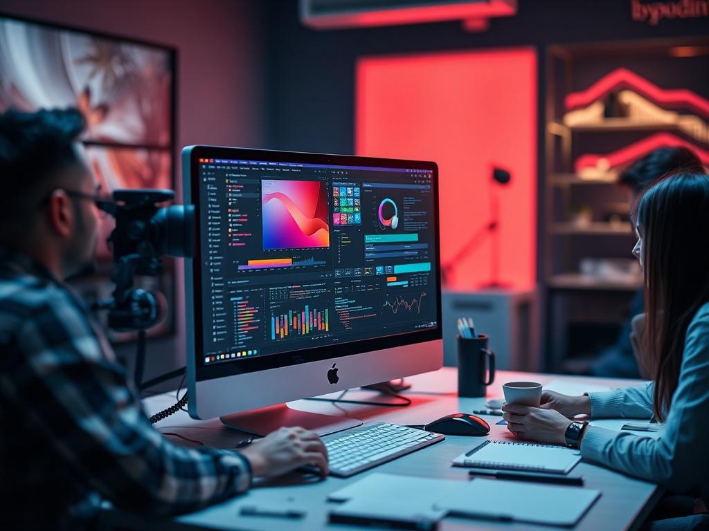 A close-up of a high-end workstation showcasing a complex website design interface, with a team brainstorming around it. The composition should capture the essence of teamwork and innovation, using ambient light to highlight the workstation while keeping the background subtle and complementary to the RGB color theme of DP Tech Solutions.