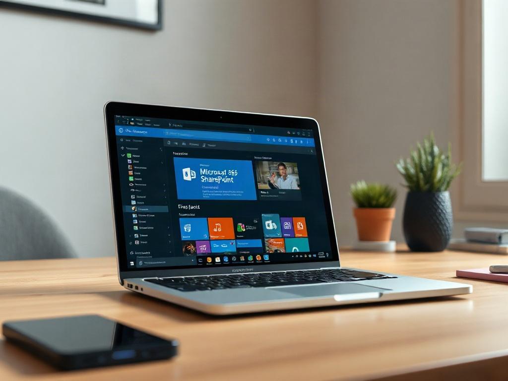 A hyper-realistic close-up shot of a professional workspace featuring a laptop displaying Microsoft 365 applications like Teams and SharePoint. The background should be simple and uncluttered, focusing on the laptop screen with vibrant colors representing the Microsoft 365 interface. The image should convey a sense of productivity and modernity, shot with a 45mm f/1.2 lens style.