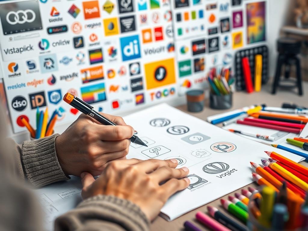 A close up shot of a designer sketching logo concepts