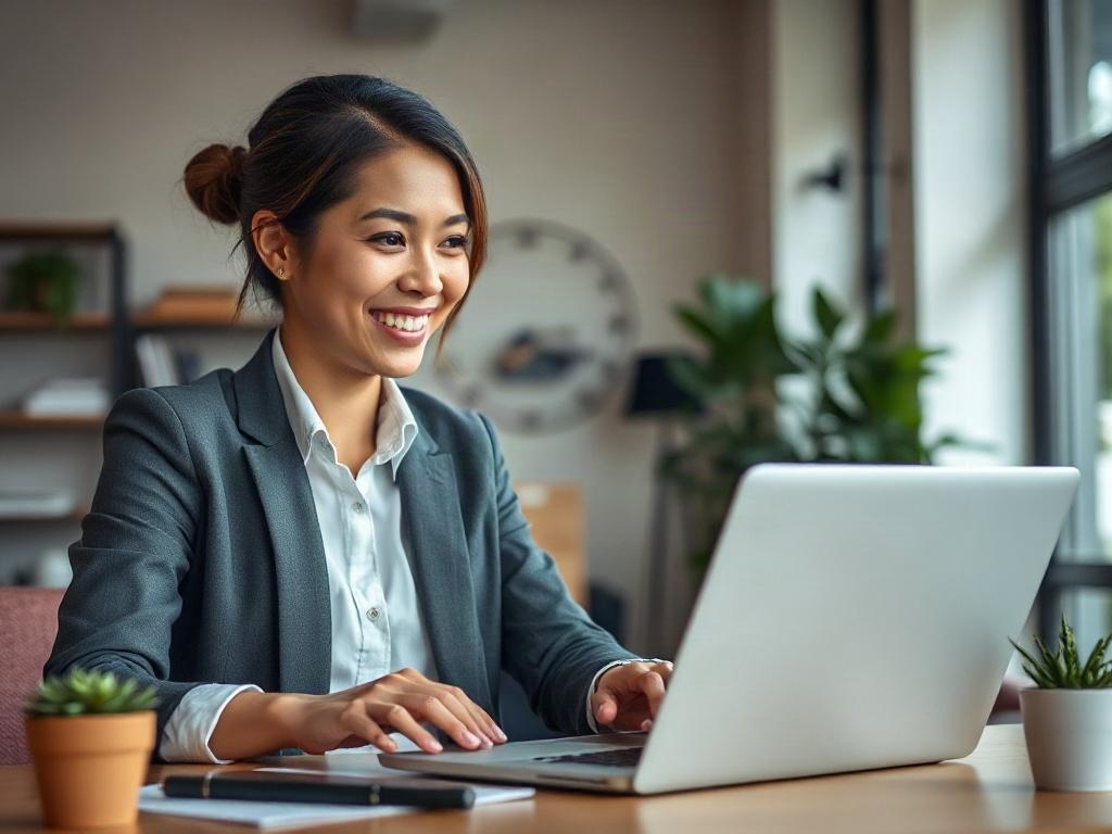Create a realistic high-resolution photo of a friendly small business owner in a modern office environment, smiling and engaging with a laptop. The setting should convey professionalism and approachability, with a clean and organized workspace. Use natural lighting to enhance the welcoming atmosphere, focusing on the owner and the laptop screen. The primary color rgb(50, 170, 39) should subtly complement the background elements.