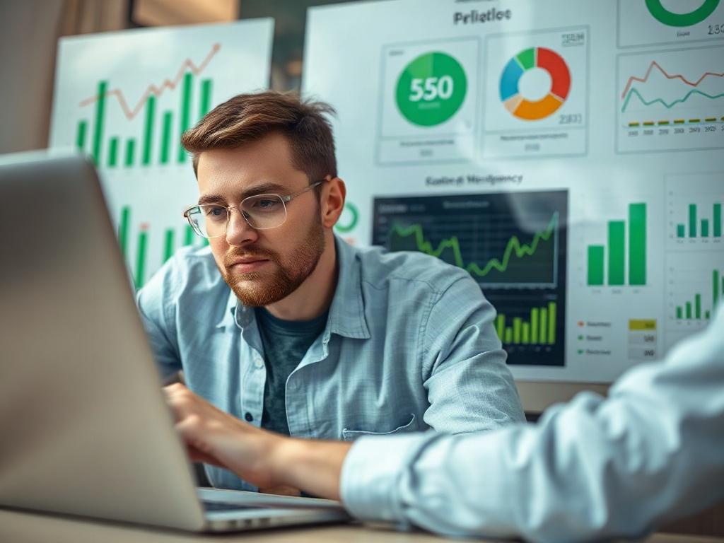 A close-up image of a digital marketing specialist analyzing data on a laptop, surrounded by charts and graphs illustrating SEO performance. The background is softly blurred, emphasizing the specialist's focused expression and the vibrant colors of the charts. The overall scene should convey a sense of expertise and analytical thinking, with green tones to align with the primary color rgb(50, 170, 39).