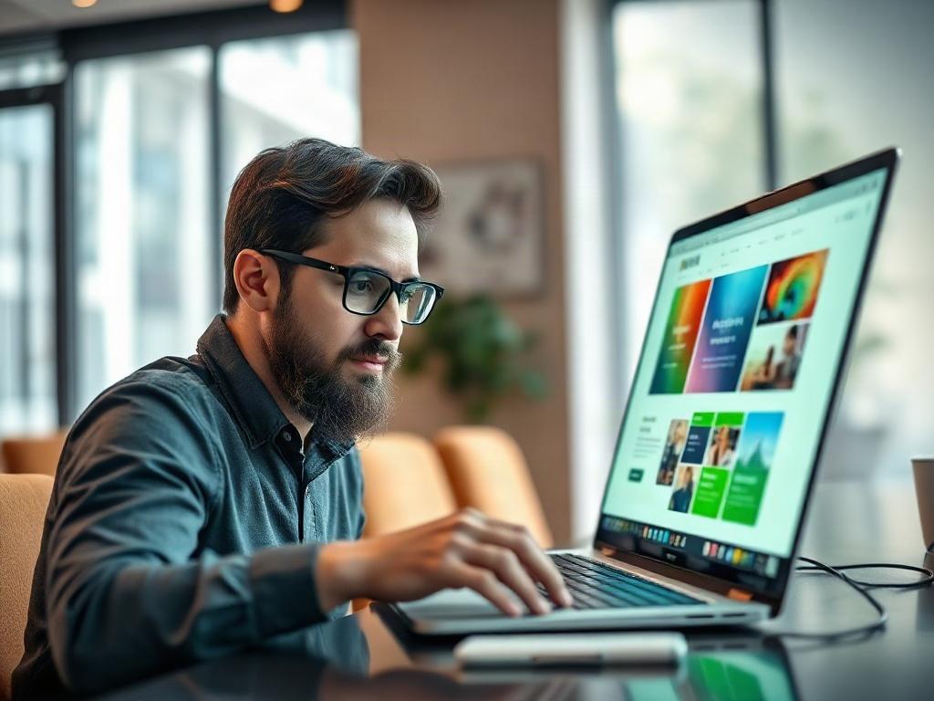 A close-up shot of a professional web designer working on a laptop in a modern office, showcasing a vibrant website design on the screen. The background is blurred, highlighting the designer's focused expression and colorful design elements on the screen. The color scheme includes shades of green to match the primary color rgb(50, 170, 39). The composition should emphasize creativity and professionalism.
