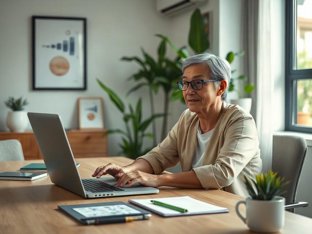 Generate a realistic high-resolution photo of a professional, focused individual seated at a modern desk, actively working on a laptop. The subject should be a middle-aged person of diverse ethnic background, showcasing a look of concentration and enthusiasm as they design a website using a website builder tool on their screen. The setting is a well-lit, contemporary office space with minimalistic decor, conveying a sense of professionalism and innovation. 

In the background, include soft-focus elements su