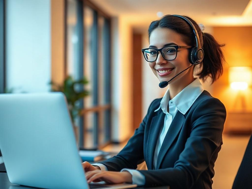 A close-up shot of a friendly virtual receptionist in a modern office setting, smiling while using a headset and laptop. The background is softly blurred to emphasize the receptionist, with warm lighting that creates a welcoming atmosphere. The subject is the only focal point, showcasing professionalism and approachability.