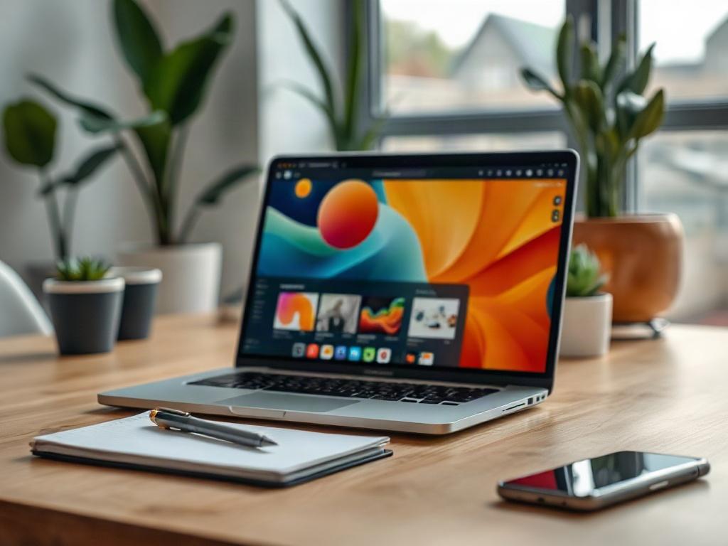 Create a realistic high-resolution photo featuring a single subject focused on a digital workspace. Place a modern laptop on a clean, minimalistic wooden desk. The laptop screen is displaying a vibrant website builder interface with visually appealing layouts and customizable options, but ensure that there is no text visible. 

The desk should have a few essential items scattered around: a stylish notebook, a sleek pen, and a smartphone, partially in view, to suggest productivity and creativity. In the back