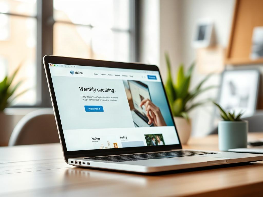 A close-up shot of a modern website design displayed on a laptop screen with a clean and user-friendly interface. The background should be a stylish workspace, with a hint of greenery to reflect a fresh approach. The focus should be on the laptop, emphasizing the website's layout and color scheme, ensuring it's visually appealing and professional. The lighting should be bright and inviting, showcasing the technology in a positive light.