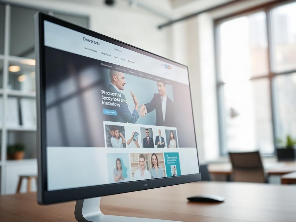 A close-up shot of a sophisticated business website displayed on a desktop computer. The screen should show a vibrant e-commerce layout, highlighting product images and user-friendly navigation. The background should be a contemporary office environment, suggesting a professional atmosphere. Ensure the lighting is bright, emphasizing the technology and the website's intricate details that reflect business growth.
