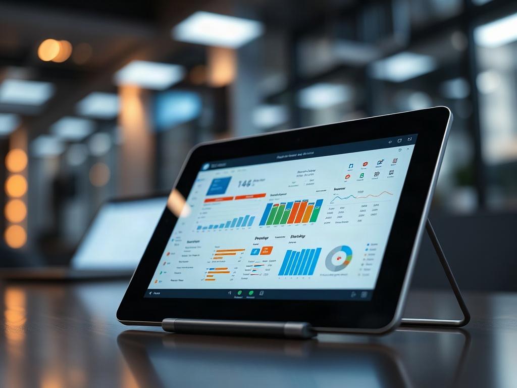 A close-up shot of a Power Apps project displayed on a tablet. The screen should feature a dynamic app interface showcasing data management and user interactivity. The background should be a professional setting with subtle tech elements to enhance the theme. Bright lighting should highlight the tablet and the app's features, emphasizing innovation and efficiency.