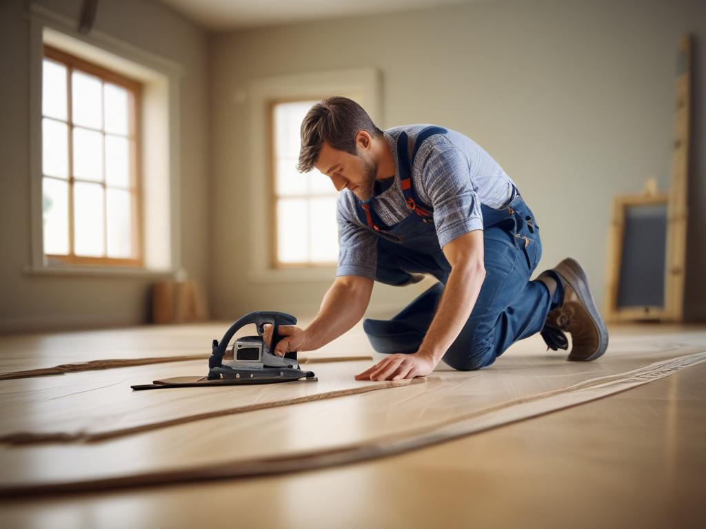 A close up shot of a handyman installing laminate flooring,