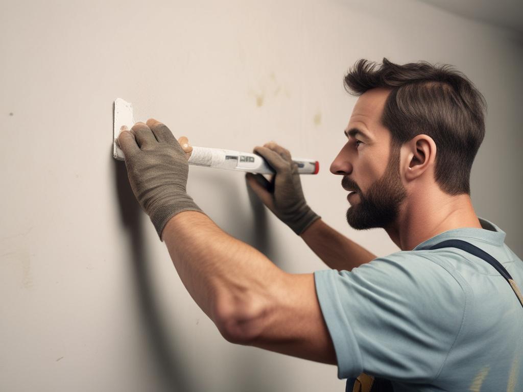 A close up image of a handyman applying joint compound