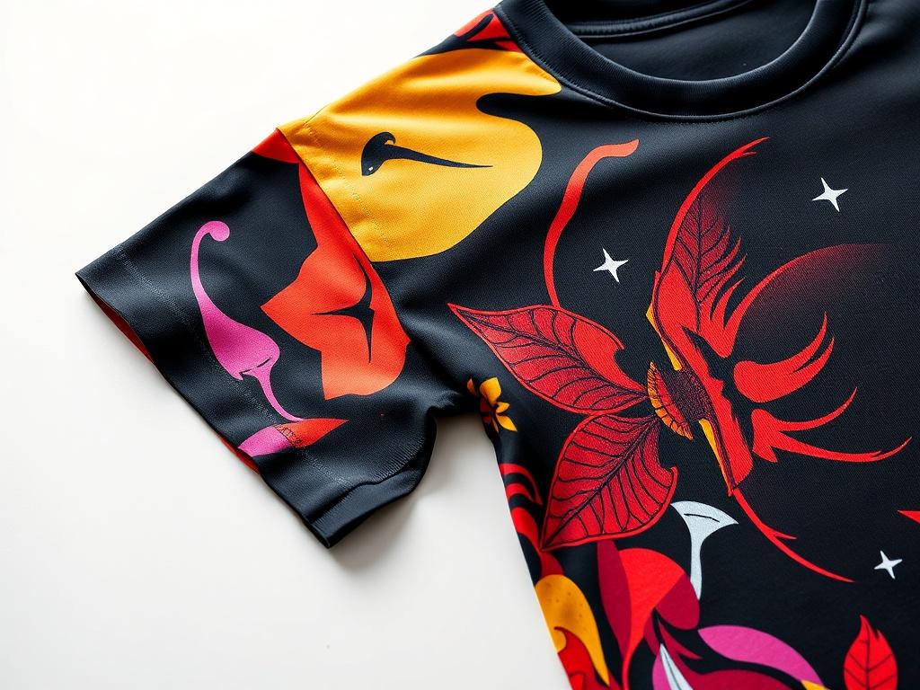 A realistic high-resolution image of a Graphic Tee featuring unique, vibrant designs. The shirt should be displayed on a clean, minimalistic background, showcasing the fabric's texture and colors. Focus on one shirt, highlighting its details, such as the unique prints and high-quality stitching, with bold, vibrant colors that catch the eye.