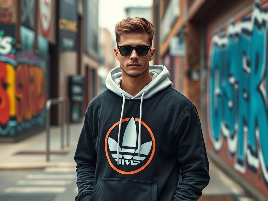 A model wearing a stylish personalized hoodie, showcasing a unique design, standing in an urban environment with street art in the background, exuding confidence and individuality.
