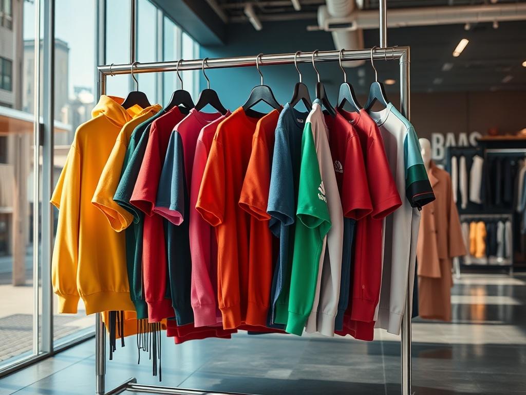 A vibrant display of the Retail Collection showcasing various apparel pieces arranged aesthetically on hangers, with a stylish urban backdrop that highlights the streetwear vibe.