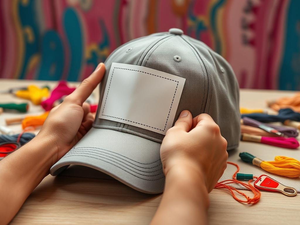 A close-up of a customizable cap on a table, with a person’s hands holding a design template, surrounded by colorful embroidery threads and a vibrant backdrop.