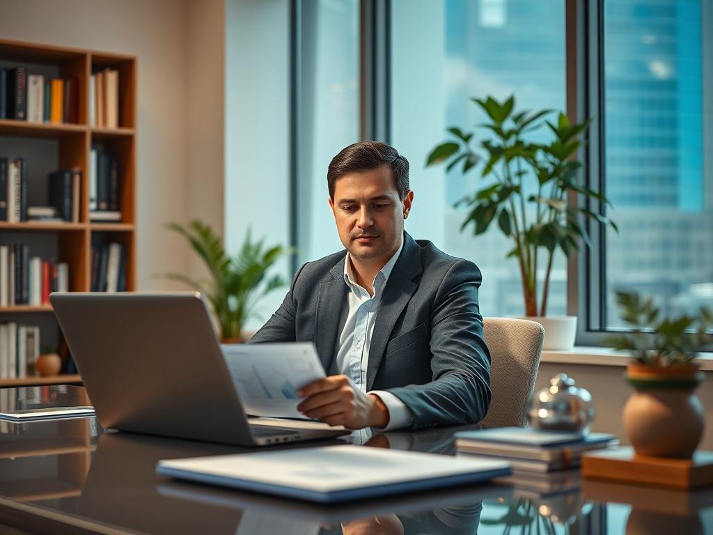 Create a realistic high-resolution photo that visually captures the essence of financial services. The image should feature a single subject: a focused, professional-looking financial advisor or consultant sitting at a sleek, modern desk, engaged in reviewing financial documents or analyzing data on a laptop. The advisor should be wearing business attire and displaying an expression of concentration and determination.

In the background, include subtle elements that convey a financial environment, such as a