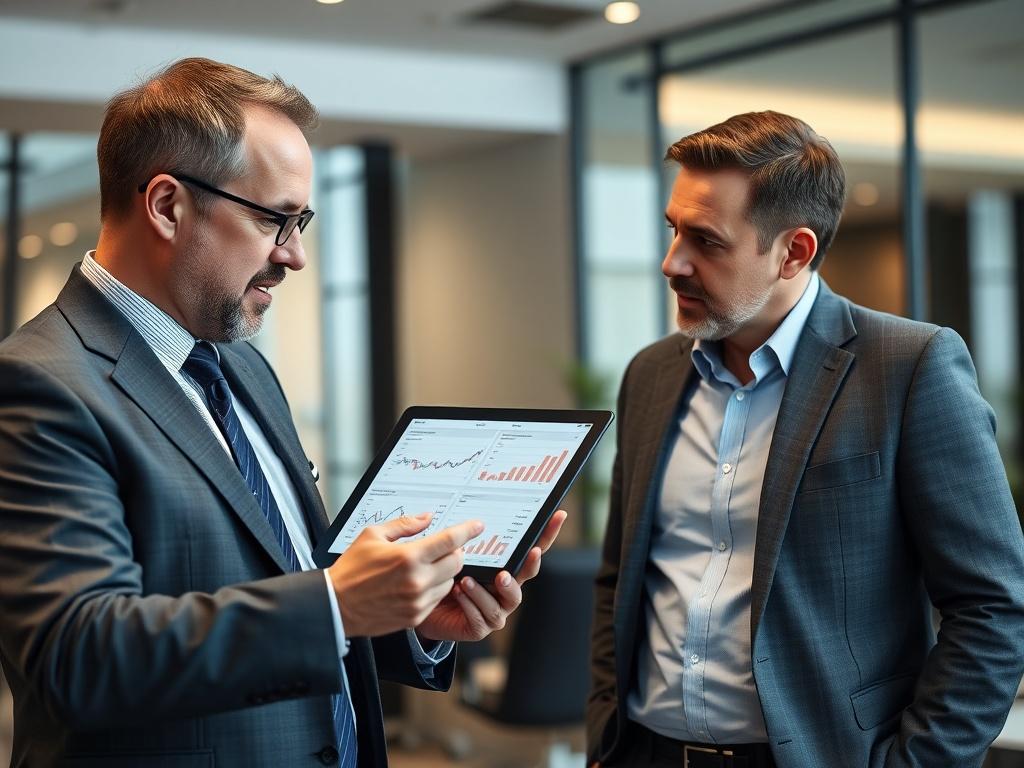 A focused shot of an investment advisor showing graphs and data on a tablet to a client in a modern office. The advisor is explaining different investment options while the client listens intently. The background is sleek and professional, emphasizing the importance of investment decisions.