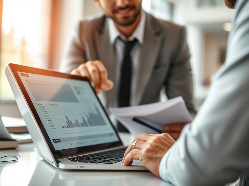 A close-up shot of a financial consultant discussing plans with a client. The consultant is pointing at a financial chart on a laptop while the client takes notes. The background is a bright, modern office with natural light. The focus is on the consultant's hand and the laptop screen, capturing the essence of financial guidance.
