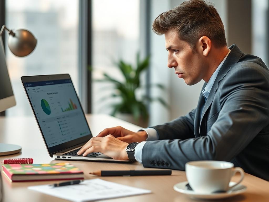 Create a realistic high-resolution photo to accompany a blog post titled "The One Setup Step That Delays ACH Payouts (and How to Fix It)." The image should feature a close-up shot of a person sitting at a modern, sleek desk, intently focused on a laptop screen, where the ACH payout dashboard is displayed. The subject should be a professional-looking individual, wearing business attire, expressing a mix of concentration and concern, symbolizing the urgency of ensuring proper ACH setup to avoid payment delays