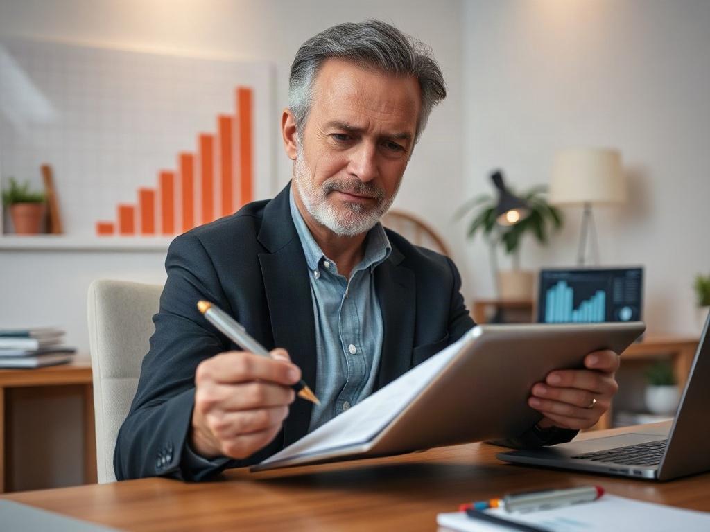 **AI Image Generation Prompt:**

Create a hyper-realistic, high-resolution close-up photo focusing on a professional-looking business consultant sitting at a modern desk. The consultant is reviewing a checklist on a sleek tablet, which symbolizes the assessment process for high-risk payment processors. The subject should be a middle-aged individual with a focused expression, wearing smart-casual attire, and holding a pen ready to jot down notes. 

In the background, create a softly blurred office environmen