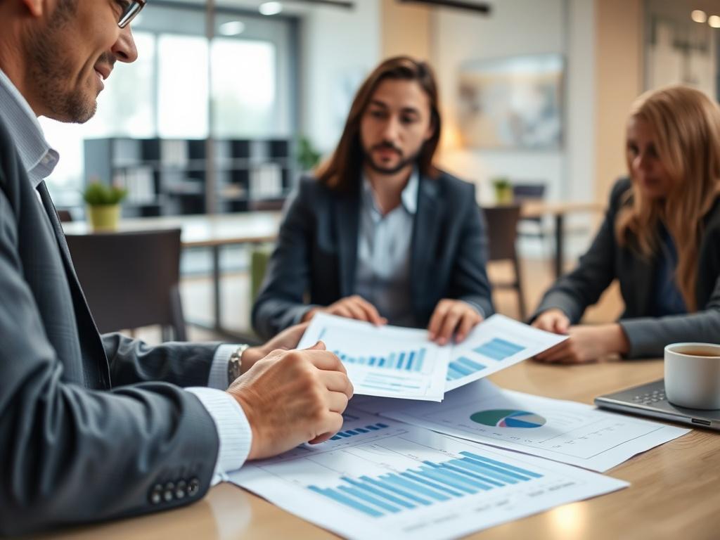 A close-up shot of a financial advisor discussing a budget plan with a client, showing charts and financial documents on a desk. The background is a modern office space with soft lighting, creating an inviting atmosphere.