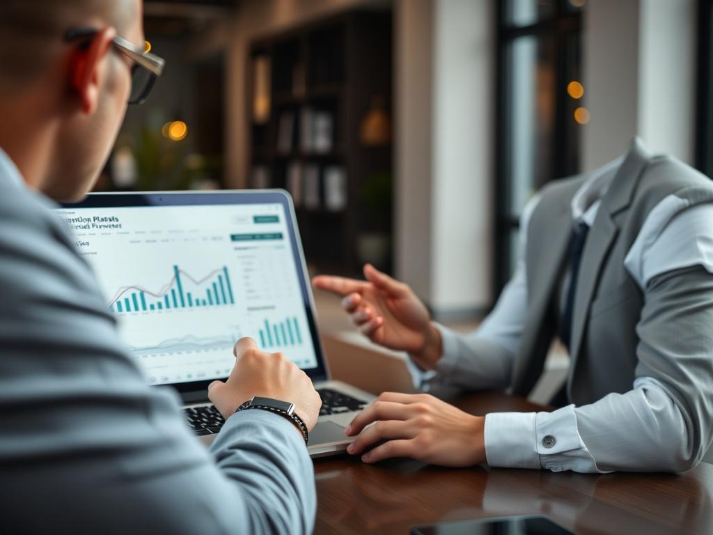 A focused shot of a financial planner presenting investment options on a laptop to a client, with graphs and charts visible on the screen. The setting is a stylish office with a professional ambiance, enhancing the trustworthiness of the consultation.